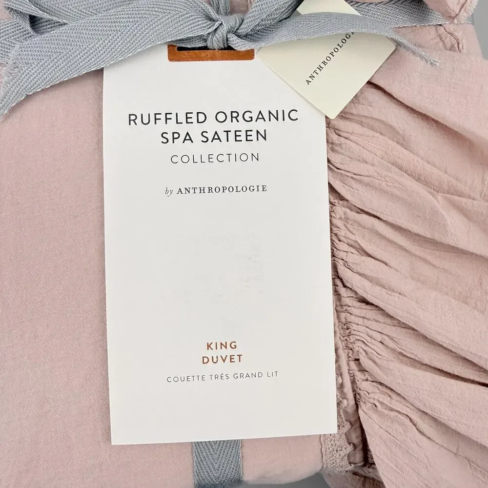 Anthropologie Ruffled Organic Spa Sateen Duvet Cover KING Peach Pink Bedding New